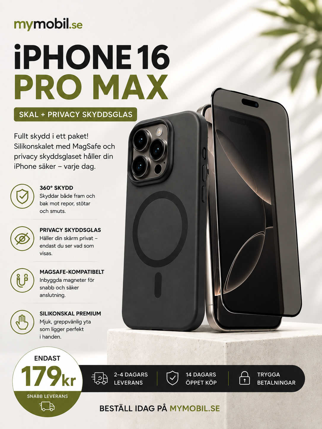 Skyddspaket för iPhone 16 Pro Max – MagSafe Skal + Privacy Skärmskydd