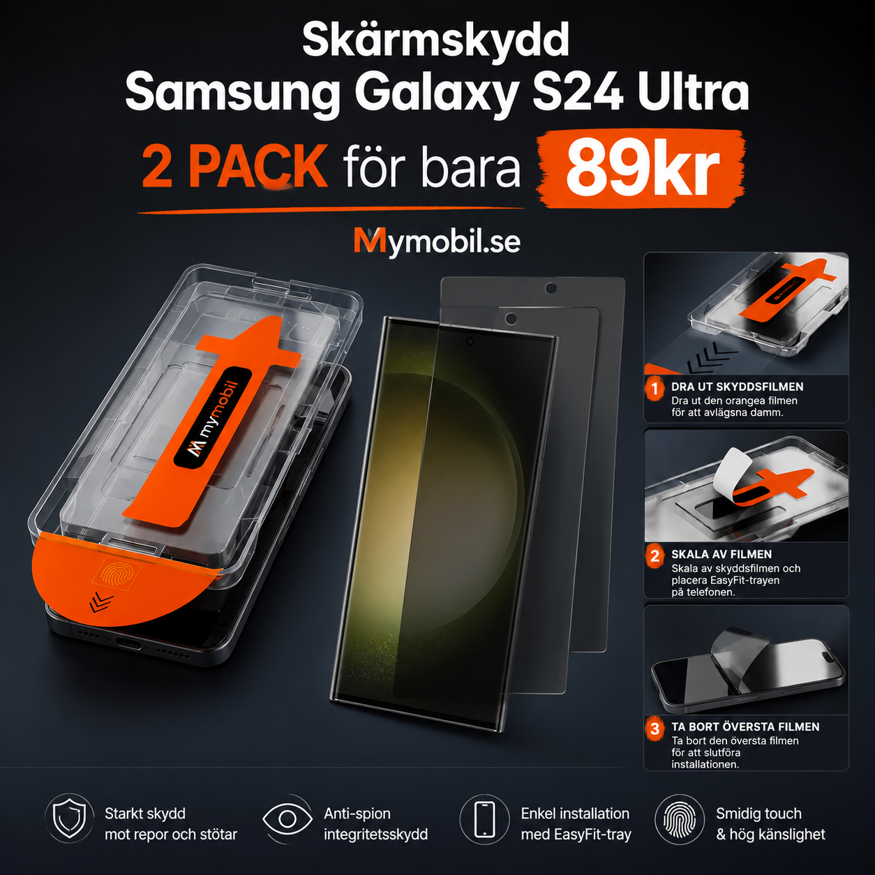 2-PACK Samsung S24 Ultra Privacy Skärmskydd i härdat glas - Med Monteringsram