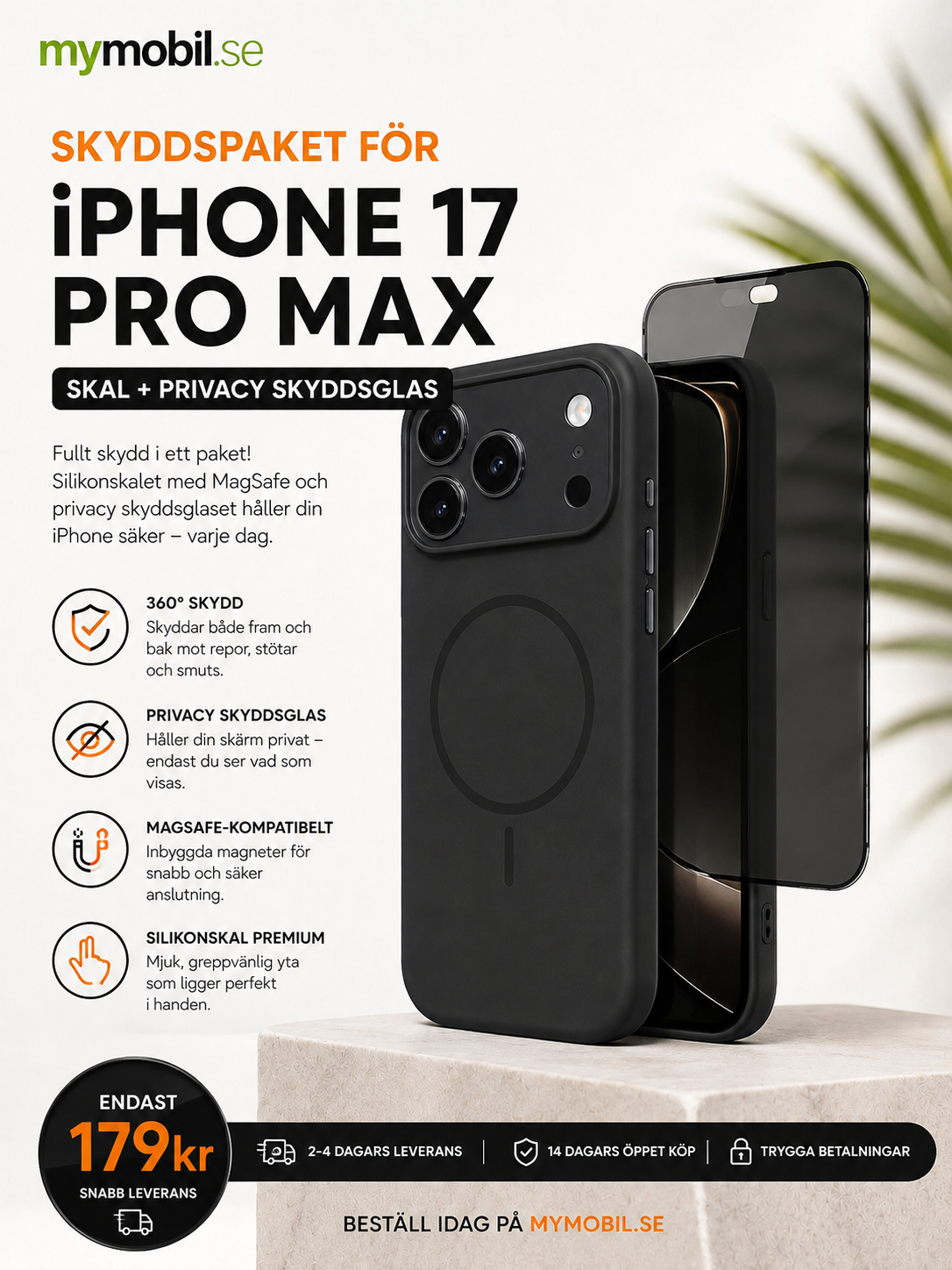 Skyddspaket för iPhone 17 Pro Max – MagSafe Skal + Privacy Skärmskydd